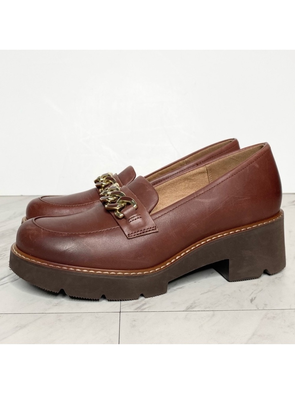 Naturalizer Desi Brown Leather Heeled Chain Detail Loafer 6M